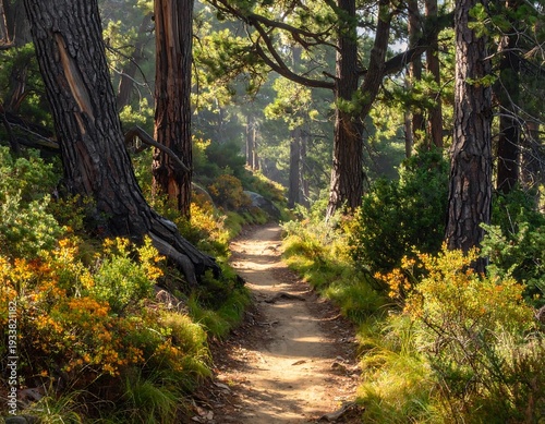 Wallpaper Mural A sun-dappled path winds through a lush, vibrant forest. Towering trees frame the trail, with hints of yellow and orange flora Torontodigital.ca
