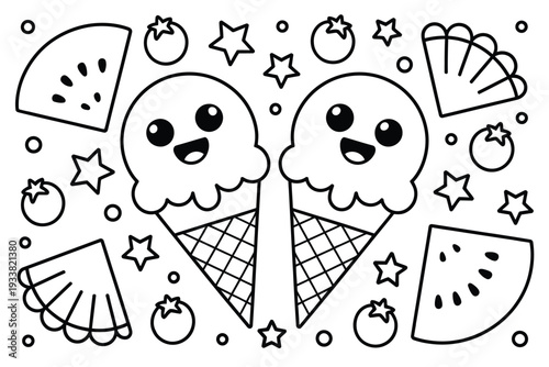 Ice cream illustration with colorful cartoon characters and summer fruits