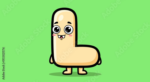 A cartoon sausage character standing cheerfully on a green background viewed from the front in an illustration style