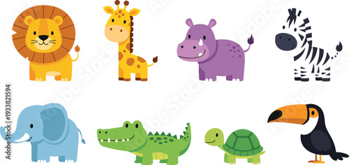 Cute cartoon safari animals vector set including lion giraffe hippo zebra elephant crocodile turtle and toucan for kids illustration design
