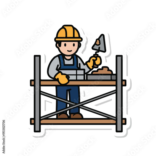 Construction worker standing on scaffolding holding a trowel and working on a project