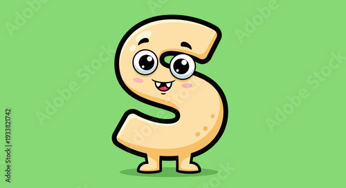 A cartoon character in the shape of the letter S standing alone on a green background viewed from the front with a friendly expression
