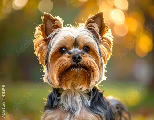 A small, fluffy canine with a tan and black coat stares intently at the camera against a blurred autumnal backdrop