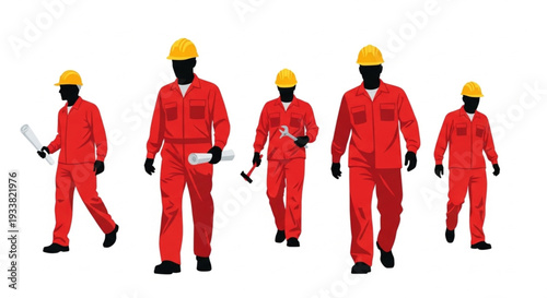 Construction Workers in Red Uniforms.