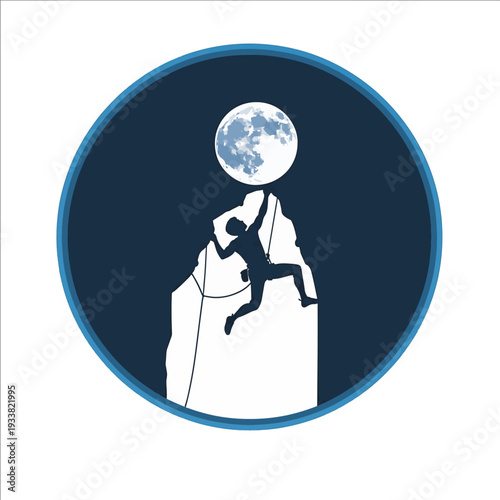 Celestial Ascent: A silhouette of a climber scaling a mountain toward the moon, embodying determination and striving for the pinnacle of achievement in a cosmic setting.