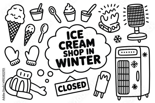 Ice cream shop in winter with a sign closed