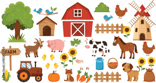 Cute farm animals and countryside elements vector set with barn tractor cow horse pig chicken dog sunflowers and rural farming illustration