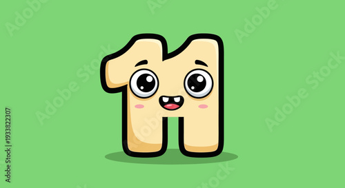 A cartoon character letter M with eyes and mouth on a green background illustration viewed from front