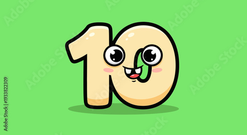 A cartoon number 10 character with eyes and tongue out on a green background illustration