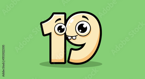 Cartoon number nineteen with face and eyes on green background illustration viewed frontally displayed