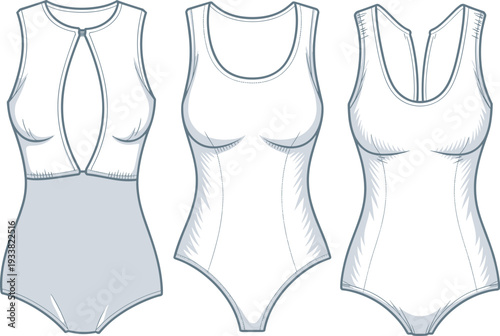 Set of three minimalist fashion sketches featuring modern women's bodysuits and swimwear leotards with sleek lines and unique cutout details for digital clothing design.
