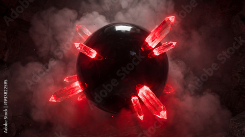 Dark mysterious sphere with glowing red crystals in a smoky cave