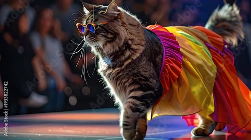 Fashionable cat wearing colorful sunglasses and rainbow dress on stage