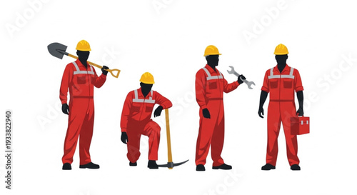 Construction Workers in Red Uniforms.