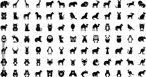 Animal silhouette icon set with wild and domestic animals, black vector symbols, zoo wildlife pictogram collection for design use