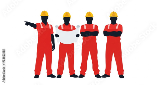 Construction Workers in Red Uniforms.