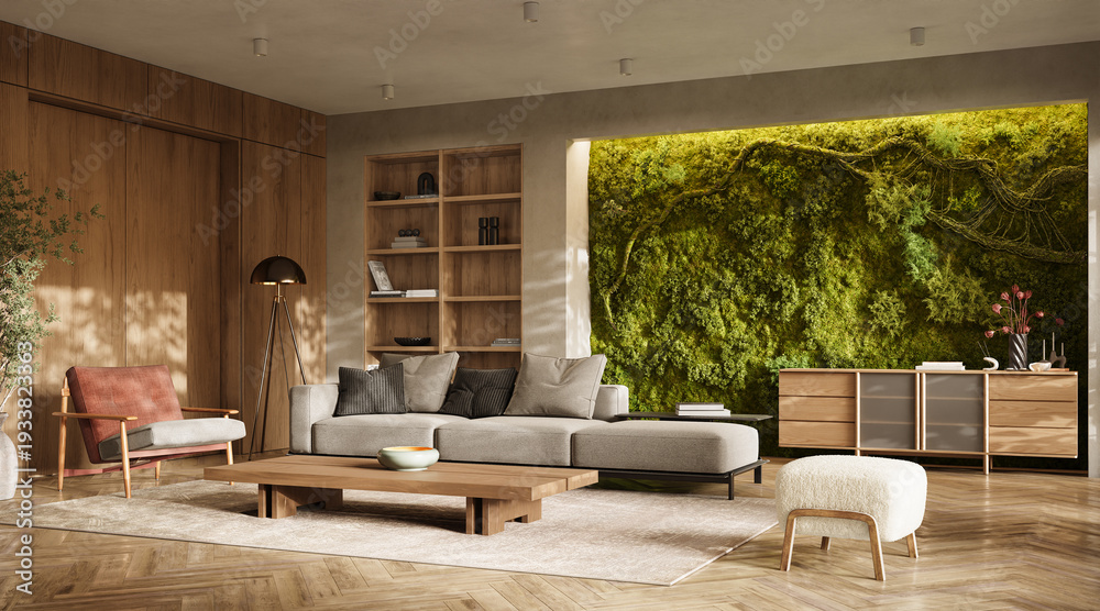 Fototapeta premium Vertical Green Wall in modern living room interior, 3d render