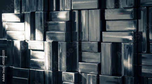 Abstract industrial background of polished metal blocks stacked in a geometric pattern