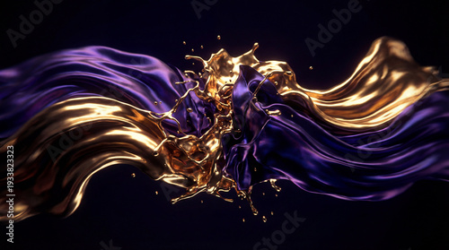 Abstract 3d render of luxurious purple silk and liquid gold splashing together on black background
