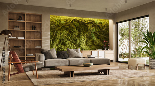 Vertical Green Wall in modern living room interior, 3d render