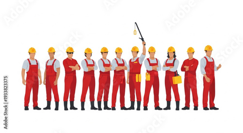 Construction Workers in Red Uniforms.