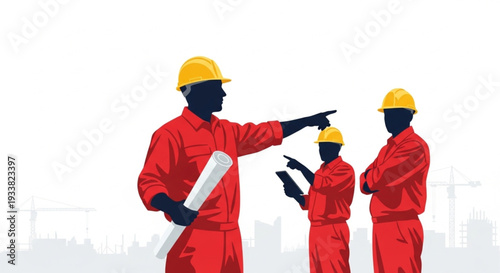 Construction Workers in Red Uniforms.