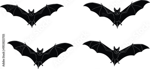 Black bat silhouette vector set flying bat shapes for Halloween design, spooky night theme, gothic horror illustration collection