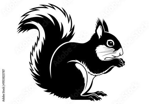 A black and white graphic of a squirrel facing right holding food It has a fluffy tail