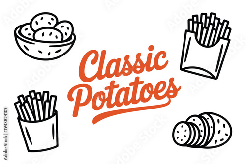A classic potatoes illustration with various potato dishes and text