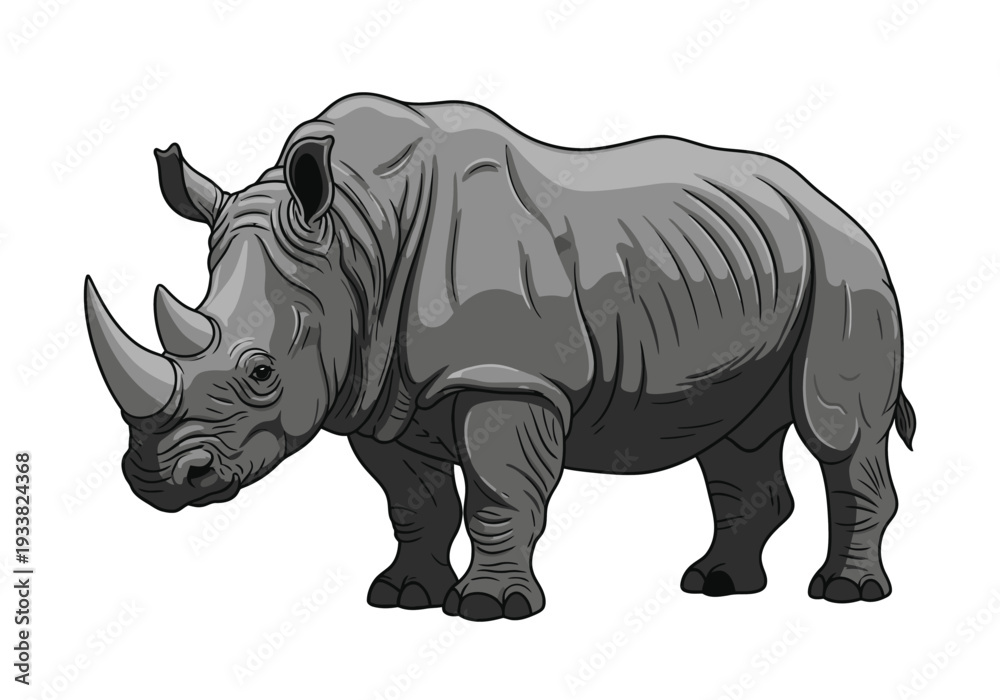 Fototapeta premium A grayscale depiction of a rhinoceros standing on a white background The rhino has two horns