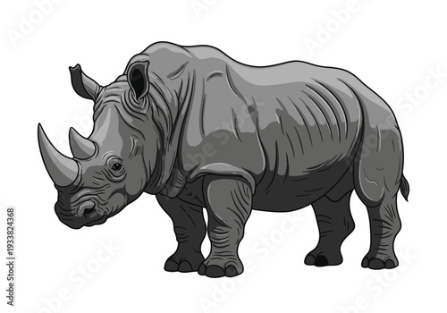 A grayscale depiction of a rhinoceros standing on a white background The rhino has two horns