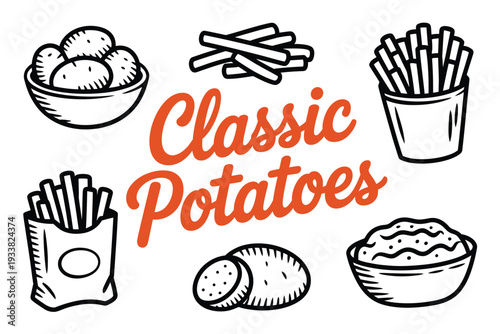 A classic potato illustration with various potato dishes and fries