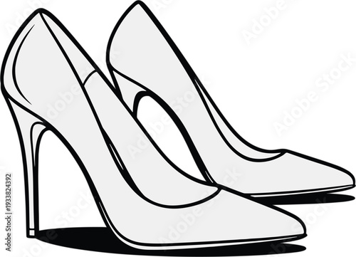 "Elegant monochrome illustration of classic stiletto high heel shoes with pointed toes, sleek fashion footwear design emphasizing stylish curves, formal attire, and modern fashion concepts"