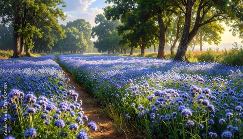 Wallpaper Mural A sun-dappled trail winds through a vibrant field of purple flowers, framed by majestic trees, evoking peace Torontodigital.ca