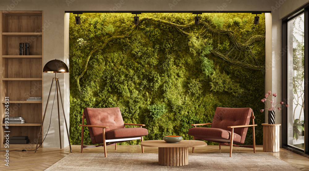 Fototapeta premium Vertical Green Wall in modern living room interior, 3d render