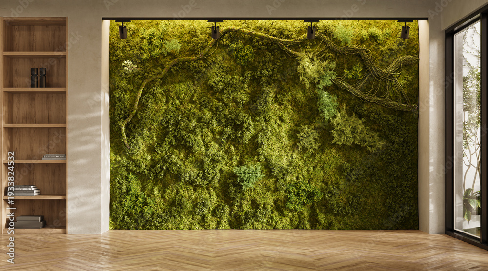 Fototapeta premium Vertical Green Wall in modern living room interior, 3d render