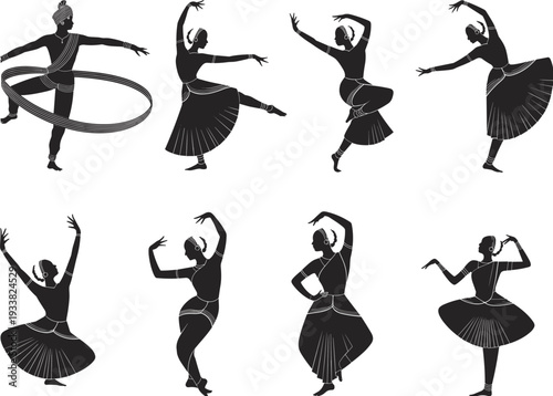 Indian classical dance silhouettes collection, traditional cultural performance vector illustration isolated on white background for design