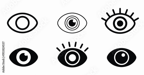Eye icon set, showcasing open eye icons, visual symbols, and vector illustrations for apps, websites, and interface design.