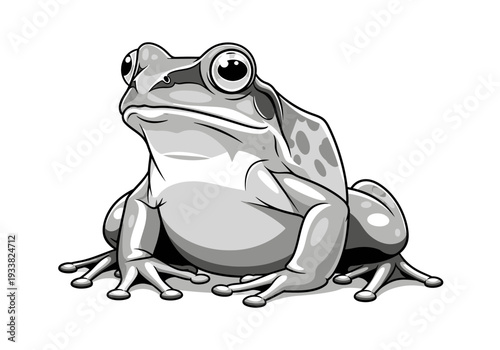 A grayscale illustration of a frog seated It has large eyes spots and the legs are positioned as if at rest