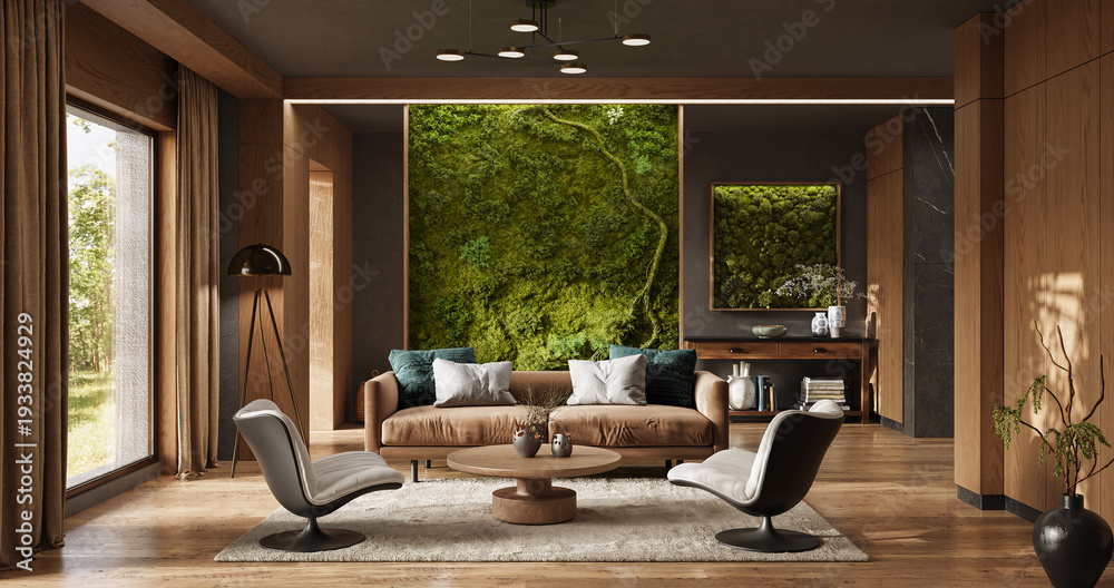 Fototapeta premium Vertical Green Wall in modern living room interior, 3d render