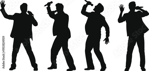 Male singer silhouettes performing with microphone, black vector illustration isolated on white background for music entertainment design