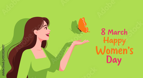 Happy Women's Day Celebration with Smiling Woman and Butterfly on 8 March