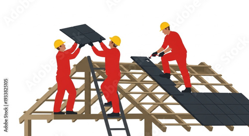 Construction Workers Installing Roof Tiles.