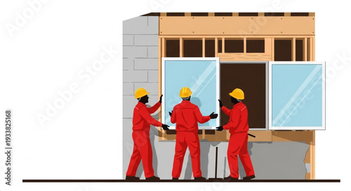 Construction Workers Installing Glass Panels.