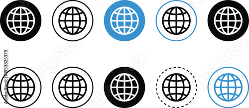Stylized globe icon collection featuring latitude and longitude designs with diverse circular borders, colors, and line styles for connectivity themes