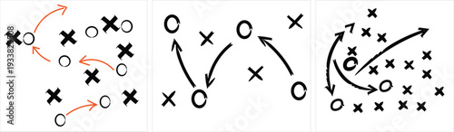 Hand drawn diagram illustrating complex tactical movements involving circles and crosses on a white background representing strategy.