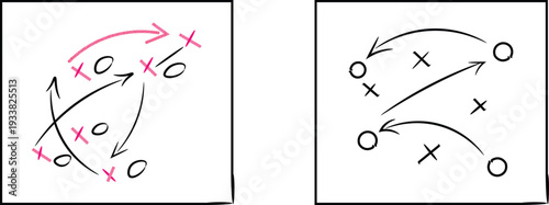 Two hand-drawn sports strategy diagrams showing player movements with circles, crosses, and arrows for game planning and coaching tactics.