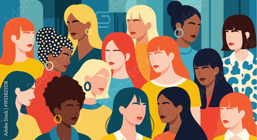 Empowered Diverse Women Community: Flat Design Illustration Symbolizing Unity, Inclusivity, and Female Strength