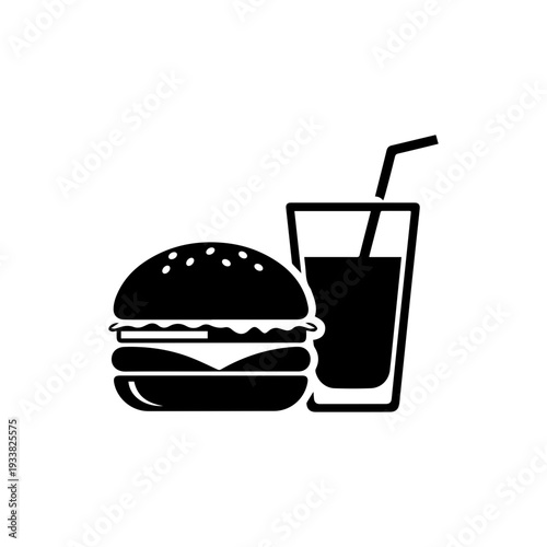 Burger and soft drink fast food combo silhouette icon for cafe menu On white Background Vector illustration