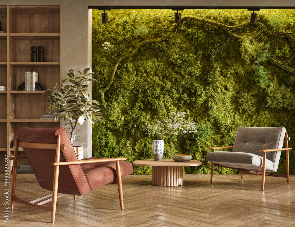 Fototapeta premium Vertical Green Wall in modern living room interior, 3d render